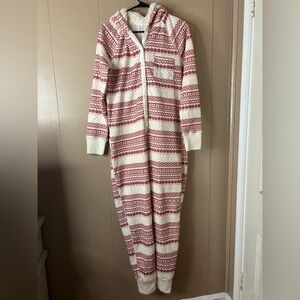 Women's Abercrombie & Fitch One Piece Hooded Pajamas Red White M/L